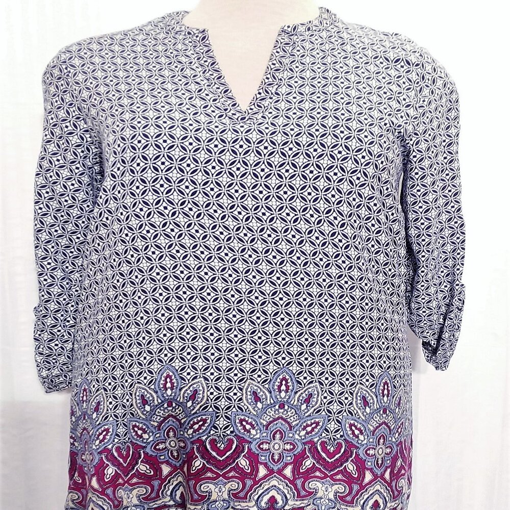 Buttons Dress Large Women's Blue V-Neck Tunic Sheath Roll Tab  3/4 Sleeves Lined